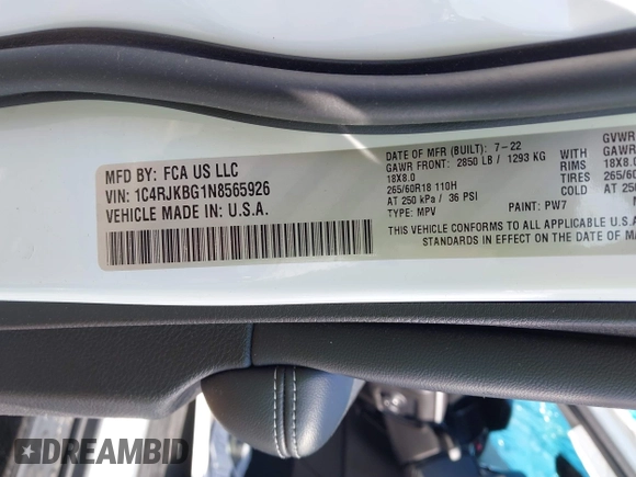 2022 Jeep Grand Cherokee Limited z VIN 1C4RJKBG1N8565926, wystawiony jako IAAI lot #42305417 z przebiegiem 44 943 mil mil oraz . Historia ofert i sprzedaży dostępna na DreamBid. Obrazek 9.