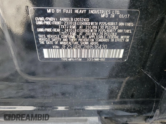 2017 Subaru Forester with VIN JF2SJABC2HH536420, listed as a Copart auction lot 65112335 with 195,951 mi miles and Salvage title. Bid and sale history available at DreamBid. Image 13.