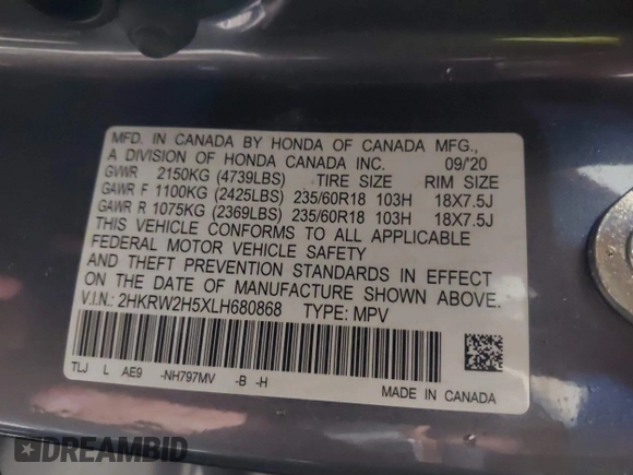 2020 Honda CR-V EX with VIN 2HKRW2H5XLH680868, listed as a IAAI auction lot 41914717 with 58,948 mi miles and . Bid and sale history available at DreamBid. Image 9.