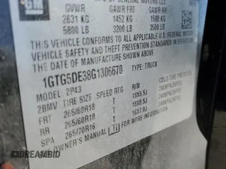 2016 GMC Canyon 2WD SLT with VIN 1GTG5DE38G1306670, listed as a Copart auction lot 87129054 with 0 mi miles and Salvage Title. Bid and sale history available at carsss.com. Image 13.