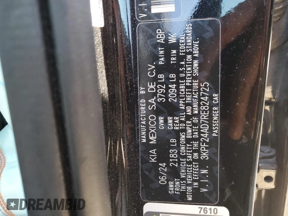 2024 Kia Forte LXS with VIN 3KPF24AD7RE824725, listed as a Copart auction lot 48891835 with 8,464 mi miles and Salvage Title. Bid and sale history available at carsss.com. Image 12.