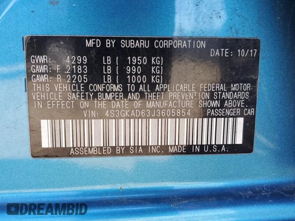 2018 Subaru Impreza Premium with VIN 4S3GKAD63J3605854, listed as a Copart auction lot 54986795 with 59,119 mi miles and Salvage title. Bid and sale history available at DreamBid. Image 12.