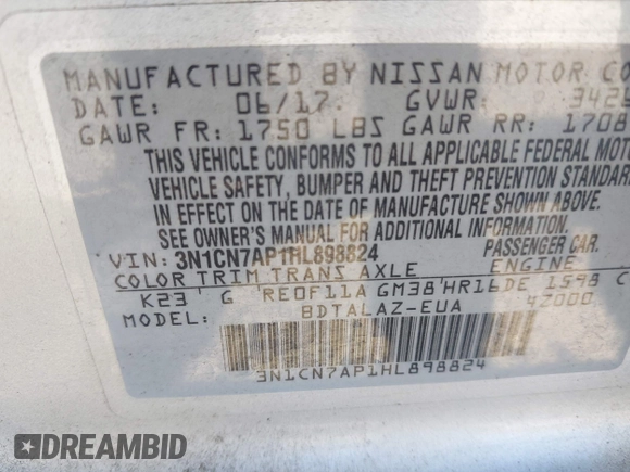2017 Nissan Versa S Plus z VIN 3N1CN7AP1HL898824, wystawiony jako IAAI lot #42378655 z przebiegiem 96 499 mil mil oraz . Historia ofert i sprzedaży dostępna na DreamBid. Obrazek 9.