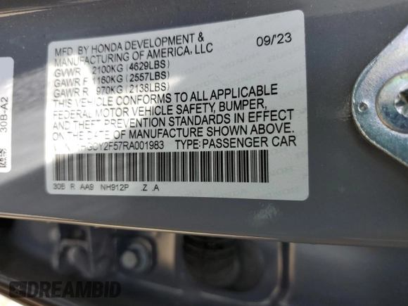 2024 Honda Accord Sport with VIN 1HGCY2F57RA001983, listed as a Copart auction lot 57445715 with 21,382 mi miles and Salvage title. Bid and sale history available at DreamBid. Image 12.