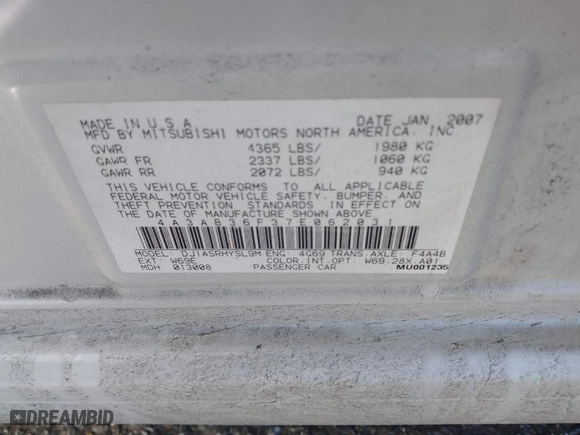 2007 Mitsubishi Galant ES with VIN 4A3AB36F37E062031, listed as a IAAI auction lot 41503540 with 129,019 mi miles. Bid and sale history available at carsss.com. Image 9.