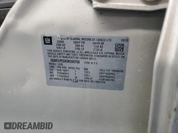 2013 Chevrolet Equinox LT with VIN 2GNFLPE3XD6300758, listed as a Copart auction lot 41685915 with Not Provided miles and Salvage Title. Bid and sale history available at DreamBid. Image 14.