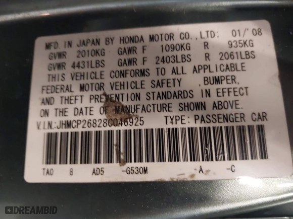2008 Honda Accord Sdn EX-L with VIN JHMCP26828C046925, listed as a IAAI auction lot 41736541 with 199,602 mi miles. Bid and sale history available at carsss.com. Image 9.