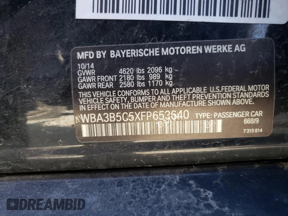 2015 BMW 3 Series 328i xDrive with VIN WBA3B5C5XFP653640, listed as a Copart auction lot 48363945 with 0 mi miles and Salvage Title. Bid and sale history available at carsss.com. Image 12.