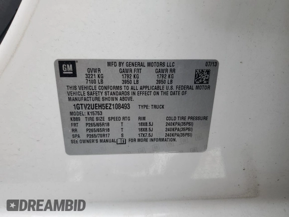 2014 GMC Sierra 1500 SLE z VIN 1GTV2UEH5EZ108493, wystawiony jako Copart lot #50634515 z przebiegiem 120 154 mil mil oraz Szkoda całkowita • Salvage title. Historia ofert i sprzedaży dostępna na DreamBid. Obrazek 12.