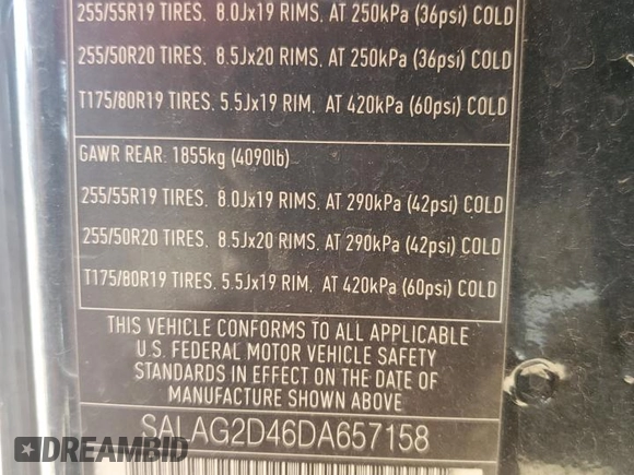 2013 Land Rover LR4 HSE with VIN SALAG2D46DA657158, listed as a Copart auction lot 55273205 with 127,750 mi miles and Salvage title. Bid and sale history available at DreamBid. Image 14.