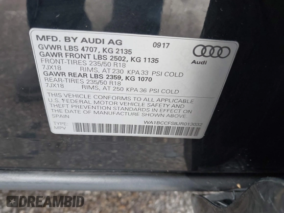 2018 Audi Q3 Premium z VIN WA1BCCFS8JR013032, wystawiony jako IAAI lot #41706173 z przebiegiem 111 402 mil mil oraz . Historia ofert i sprzedaży dostępna na DreamBid. Obrazek 9.