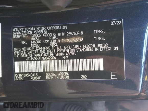 2022 Lexus RX 350L with VIN JTJHZKFA1N2042206, listed as a Copart auction lot 85911304 with 8,617 mi miles and Salvage title. Bid and sale history available at DreamBid. Image 14.