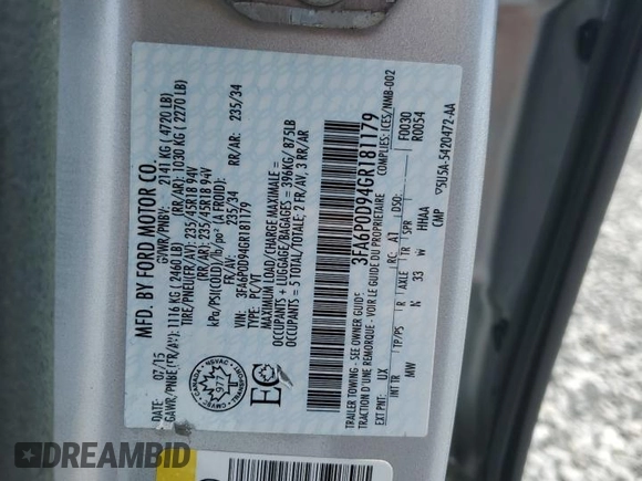2016 Ford Fusion Titanium z VIN 3FA6P0D94GR181179, wystawiony jako Copart lot #56987005 z przebiegiem 79 841 mil mil oraz Czysty tytuł • Clean title. Historia ofert i sprzedaży dostępna na DreamBid. Obrazek 13.
