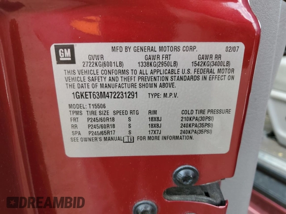 2007 GMC Envoy Denali with VIN 1GKET63M472231291, listed as a Copart auction lot 77020984 with 157,364 mi miles and Salvage Title. Bid and sale history available at DreamBid. Image 15.