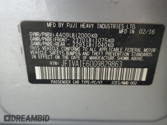 2016 Subaru WRX Premium with VIN JF1VA1E60G9829863, listed as a Copart auction lot 54693995 with 163,121 mi miles and Salvage title. Bid and sale history available at DreamBid. Image 12.