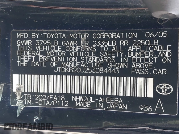 2005 Toyota Prius with VIN JTDKB20U253084443, listed as a IAAI auction lot 42024739 with 249,226 mi miles. Bid and sale history available at carsss.com. Image 9.