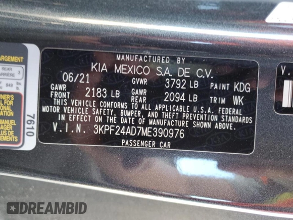 2021 Kia Forte LXS with VIN 3KPF24AD7ME390976, listed as a Copart auction lot 42460385 with 22,928 mi miles and Salvage Title. Bid and sale history available at carsss.com. Image 14.