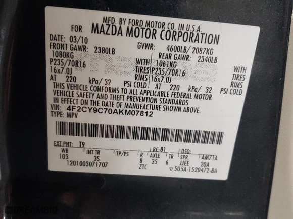 2010 Mazda Tribute Touring with VIN 4F2CY9C70AKM07812, listed as a Copart auction lot 42432055 with 132,562 mi miles and Salvage Title. Bid and sale history available at carsss.com. Image 13.
