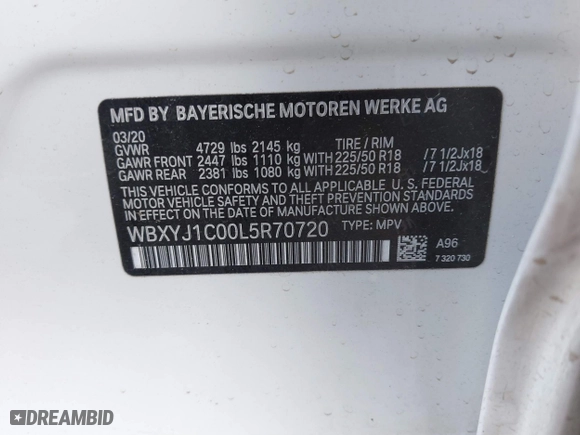 2020 BMW X2 xDrive28i with VIN WBXYJ1C00L5R70720, listed as a IAAI auction lot 41541553 with 17,127 mi miles. Bid and sale history available at carsss.com. Image 9.