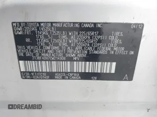 2012 Toyota RAV4 с VIN 2T3BF4DV7CW214908, выставлен на аукционе IAAI как лот 42837102 с пробегом Не указан миль и . История ставок и продаж доступна на DreamBid. Изображение 9.