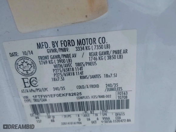 2014 Ford F-150 XL with VIN 1FTFW1EF0EKF82625, listed as a IAAI auction lot 41269869 with 115,664 mi miles. Bid and sale history available at carsss.com. Image 9.