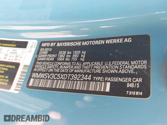 2013 MINI Hardtop S with VIN WMWSV3C5XDT392344, listed as a IAAI auction lot 42565417 with 95,855 mi miles and . Bid and sale history available at DreamBid. Image 9.