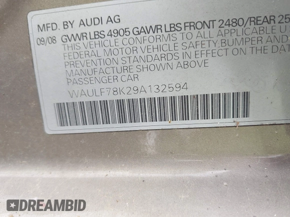 2009 Audi A4 2.0T Prem with VIN WAULF78K29A132594, listed as a IAAI auction lot 42068937 with 102,507 mi miles. Bid and sale history available at carsss.com. Image 9.