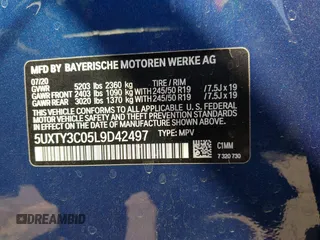 2020 BMW X3 sDrive30i with VIN 5UXTY3C05L9D42497, listed as a IAAI auction lot 42131413 with 41,538 mi miles and . Bid and sale history available at DreamBid. Image 9.
