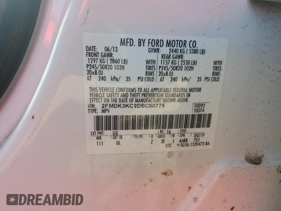 2013 Ford Edge Limited with VIN 2FMDK3KC2DBC60775, listed as a Copart auction lot 47280865 with 193,256 mi miles and Salvage Title. Bid and sale history available at carsss.com. Image 12.