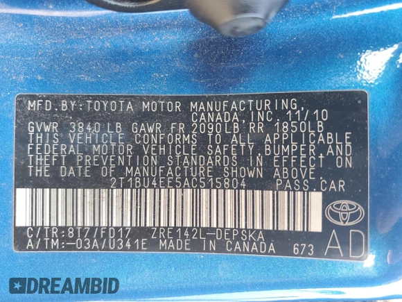 2010 Toyota Corolla with VIN 2T1BU4EE5AC515804, listed as a Copart auction lot 61585025 with 198,026 mi miles and Salvage title. Bid and sale history available at DreamBid. Image 12.