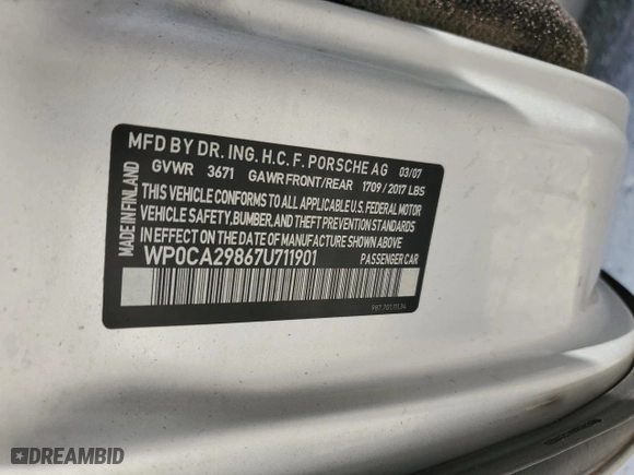 2007 Porsche Boxster with VIN WP0CA29867U711901, listed as a Copart auction lot 77470004 with 0 mi miles and Salvage Title. Bid and sale history available at carsss.com. Image 13.
