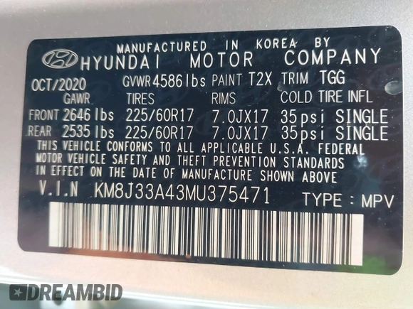 2021 Hyundai Tucson Value z VIN KM8J33A43MU375471, wystawiony jako IAAI lot #42162301 z przebiegiem 48 654 mil mil oraz . Historia ofert i sprzedaży dostępna na DreamBid. Obrazek 9.
