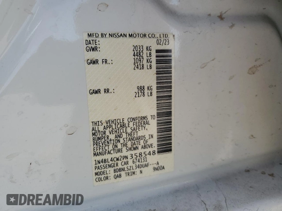 2023 Nissan Altima 2.5 SR with VIN 1N4BL4CW2PN358548, listed as a Copart auction lot 48334415 with 29,468 mi miles and Salvage Title. Bid and sale history available at carsss.com. Image 13.
