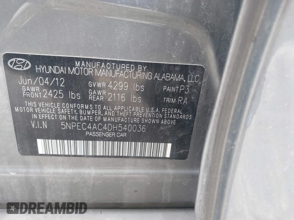 2013 Hyundai Sonata Limited with VIN 5NPEC4AC4DH540036, listed as a IAAI auction lot 41857117 with 273,532 mi miles and . Bid and sale history available at DreamBid. Image 9.