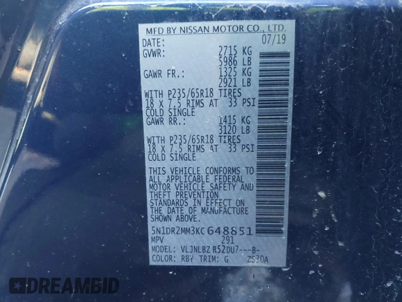 2019 Nissan Pathfinder Platinum with VIN 5N1DR2MM3KC648851, listed as a IAAI auction lot 41431981 with 58,435 mi miles and . Bid and sale history available at DreamBid. Image 9.