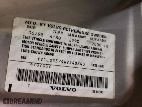 1998 Volvo S70 с VIN YV1LS5574W2548343, выставлен на аукционе Copart как лот 84813944 с пробегом 144 221 миль миль и Списание • Salvage title. История ставок и продаж доступна на DreamBid. Изображение 14.