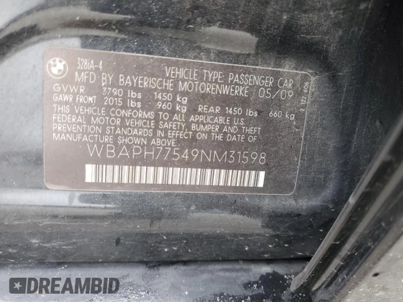 2009 BMW 3 Series 328i with VIN WBAPH77549NM31598, listed as a Copart auction lot 56257745 with 102,495 mi miles and Salvage title. Bid and sale history available at DreamBid. Image 12.