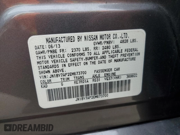 2014 Infiniti Q50 Sport with VIN JN1BV7AP2EM673700, listed as a Copart auction lot 47600985 with 136,475 mi miles and Salvage Title. Bid and sale history available at DreamBid. Image 12.