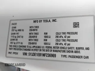 2022 Tesla Model 3 Long Range with VIN 5YJ3E1EB1NF236969, listed as a IAAI auction lot 41525117 with 24,215 mi miles and . Bid and sale history available at DreamBid. Image 9.
