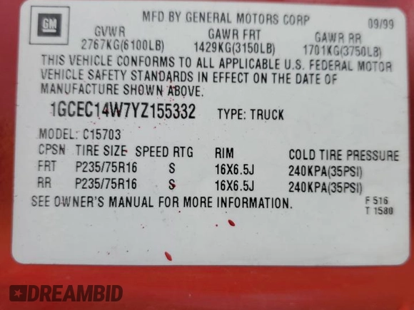 2000 Chevrolet Silverado 1500 with VIN 1GCEC14W7YZ155332, listed as a Copart auction lot 53893515 with Not Provided miles and Salvage Title. Bid and sale history available at DreamBid. Image 12.