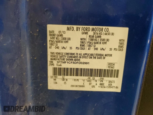 2013 Ford F-150 XL with VIN 1FTMF1CF5DFD02991, listed as a Copart auction lot 46853675 with 127,474 mi miles and Salvage title. Bid and sale history available at DreamBid. Image 12.