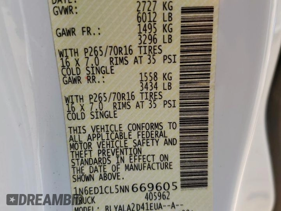 2022 Nissan Frontier S z VIN 1N6ED1CL5NN669605, wystawiony jako Copart lot #61599955 z przebiegiem 67 856 mil mil oraz Szkoda całkowita • Salvage title. Historia ofert i sprzedaży dostępna na DreamBid. Obrazek 12.