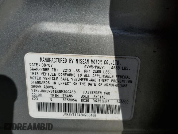 2008 Infiniti G35 Journey with VIN JNKBV61E48M200468, listed as a Copart auction lot 51741445 with Not Provided miles and Salvage Title. Bid and sale history available at DreamBid. Image 12.