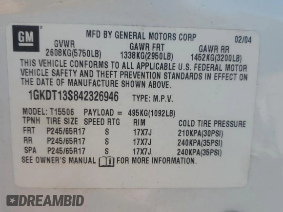 2004 GMC Envoy SLE with VIN 1GKDT13S842326946, listed as a Copart auction lot 47276955 with 162,141 mi miles and Clean Title. Bid and sale history available at carsss.com. Image 14.