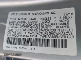 2019 Honda Accord Sedan Sport 1.5T with VIN 1HGCV1F3XKA006554, listed as a IAAI auction lot 41702809 with 102,724 mi miles. Bid and sale history available at carsss.com. Image 9.