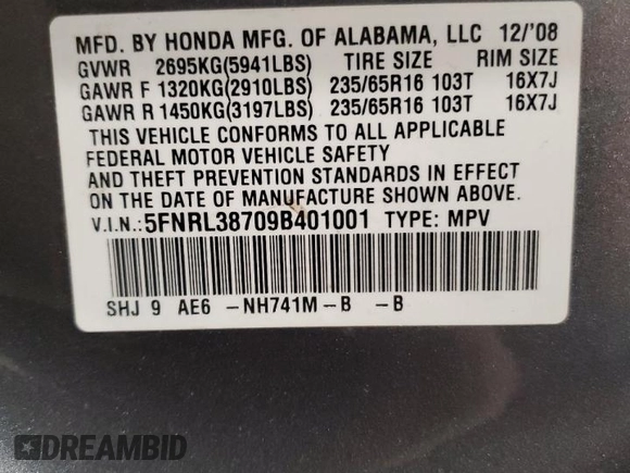2009 Honda Odyssey EX-L с VIN 5FNRL38709B401001, выставлен на аукционе Copart как лот 55688695 с пробегом 237 860 миль миль и Списание • Salvage title. История ставок и продаж доступна на DreamBid. Изображение 14.