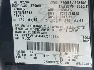 2004 Ford F-150 XLT with VIN 1FTPW14504KC44556, listed as a IAAI auction lot 42580319 with 325,739 mi miles and . Bid and sale history available at DreamBid. Image 9.
