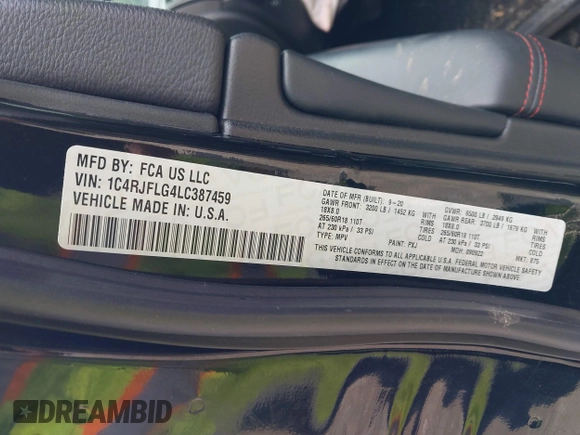 2020 Jeep Grand Cherokee Trailhawk with VIN 1C4RJFLG4LC387459, listed as a IAAI auction lot 42373820 with 55,492 mi miles and . Bid and sale history available at DreamBid. Image 9.
