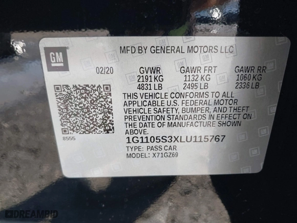 2020 Chevrolet Impala Premier with VIN 1G1105S3XLU115767, listed as a IAAI auction lot 41849228 with 6,818 mi miles. Bid and sale history available at carsss.com. Image 9.