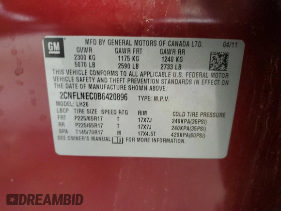 2011 Chevrolet Equinox 2LT with VIN 2CNFLNEC0B6420896, listed as a Copart auction lot 55445275 with 215,838 mi miles and Non Repairable. Bid and sale history available at DreamBid. Image 13.